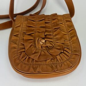 Loeffler Randall Mini Crossbody Cognac Nappa Leather Ruffle Pleated Flap Handbag